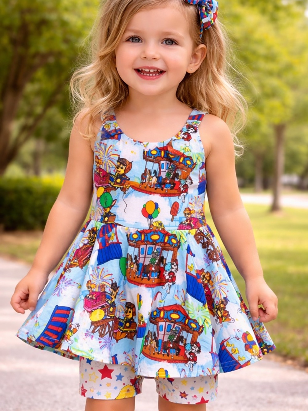 BAMBOO Light Blue Carousel Print Sundress with Multi-Color Accents
